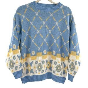 VTG Blue 80s Pullover Sweater Geometric Vaporwave Aesthetic USA Made Size Small